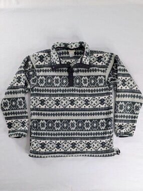 L.L. Bean VTG Black White Gray Fair Isle T Snap Fleece Pullover Jacket Patterned